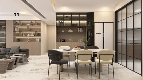 modern dining area with elegant table setting showcasing furniture arrangement in a contemporary open space, featuring Homestyler's real-time 3D rendering for efficient design visualization