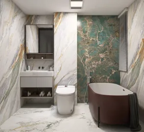 luxurious bathroom design featuring a freestanding tub and modern vanity with elegant marble finishes, showcasing a contemporary style and the Homestyler real-time 3D rendering feature.
