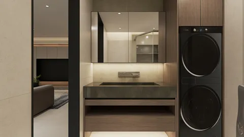 Modern laundry room interior design showcasing a sleek washer and dryer, featuring a minimalist style and efficient use of space utilizing Homestyler's smart furniture arrangement capability.