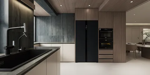 modern kitchen design featuring a black refrigerator, sleek cabinetry, and minimalist style, optimized for efficient interior decor using Homestyler's real-time 3D rendering.