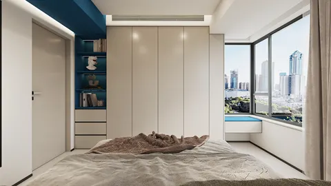 modern bedroom interior design showcasing a spacious layout with smart furniture arrangement for small spaces, featuring Homestyler's real-time 3D rendering capability.