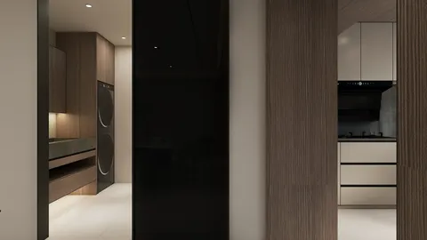 A sleek kitchen area showcasing modern cabinetry with a focus on streamlined design in a contemporary style, enhancing the functionality of small spaces using Homestyler's real-time 3D rendering feature.