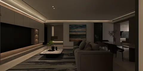 A modern living room featuring a comfortable sofa arrangement, showcasing ambient lighting and a minimalist style, emphasizing functional interior design for cozy entertaining, with Homestyler's real-time 3D rendering capabilities.