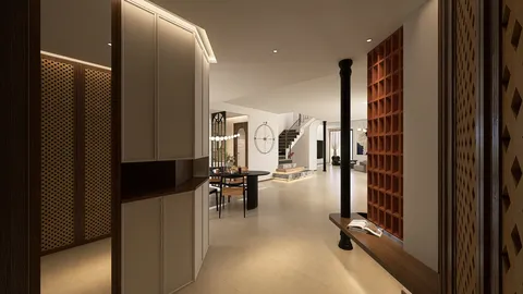 Spacious entryway featuring modern interior design elements, showcasing a seamless transition into an open living space, utilizing Homestyler's real-time 3D rendering for an immersive visualization.