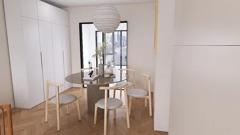 modern dining area with a round table and wooden chairs featuring minimalist design and ample natural light, showcasing Homestyler’s real-time 3D rendering functionality.