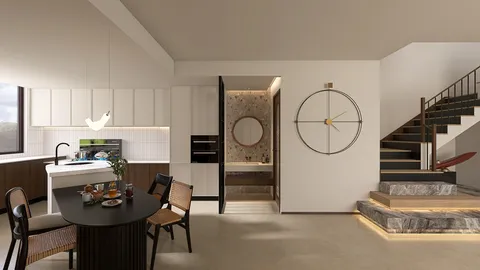 modern kitchen and dining area featuring an open layout and stylish furniture arrangement in a contemporary design, showcasing Homestyler's real-time 3D rendering feature.