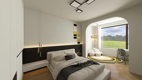 modern bedroom design showcasing a cozy layout with stylish furniture and natural light, featuring an interior design concept using Homestyler's real-time 3D rendering for accurate visualization.