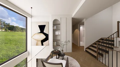 modern living room featuring a cozy seating arrangement and artistic wall decor, showcasing interior design with a focus on spaciousness and natural light, enabled by Homestyler's real-time 3D rendering feature.