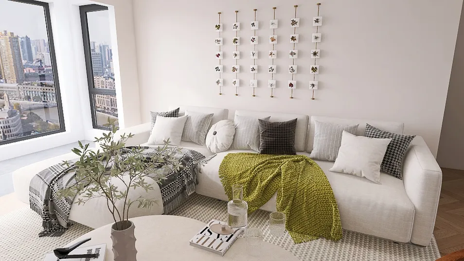 Cozy living room with sectional sofa and decorative cushions styled in modern aesthetic, showcasing interior decor ideas with Homestyler's real-time 3D rendering feature.