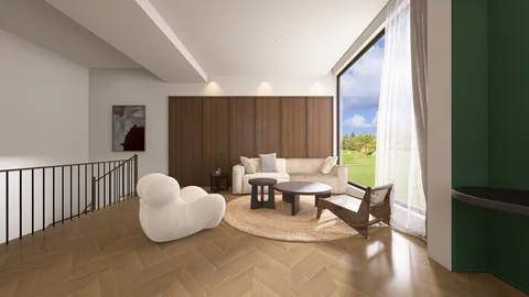 Cozy living room with plush furniture arrangement featuring a white armchair, round coffee table, and wooden accents, showcasing soft minimalism design for enhancing indoor comfort using Homestyler's real-time 3D rendering.