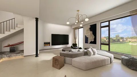 modern living room design showcasing a spacious layout with cozy seating arrangements, featuring a stylish chandelier and large windows for natural light, utilizing Homestyler's real-time 3D rendering for an immersive design preview.