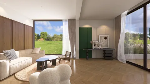 modern living room interior design featuring a cozy sofa and stylish coffee table with a view of greenery, utilizing Homestyler's real-time 3D rendering functionality for a quick visual preview.