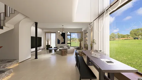 Modern living room design featuring a comfortable seating area and a home office workspace, enhanced by natural light and a serene outdoor view, showcasing Homestyler's real-time 3D rendering capabilities.