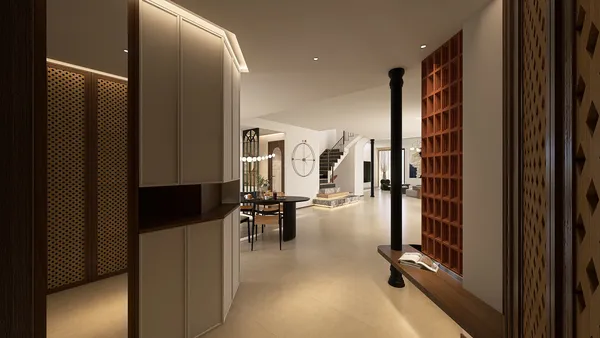 modern entrance hallway showcasing a spacious layout with elegant design elements enhancements using Homestyler's real-time 3D rendering feature.