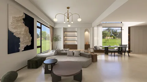 spacious living room featuring a sectional sofa design with a modern aesthetic, showcasing a blend of natural light and indoor greenery, facilitating seamless room layout using Homestyler's real-time 3D rendering feature.