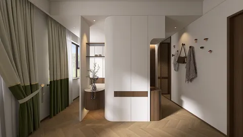 modern hallway design featuring minimalistic curved partition with integrated storage and elegant lighting, showcasing a contemporary interior decor style; utilizes Homestyler's real-time 3D rendering for a precise visual preview.