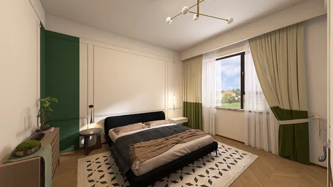 modern bedroom design featuring a cozy bed with neutral bedding and green accents, showcasing a harmonious atmosphere for restful living, created using Homestyler's real-time 3D rendering feature.