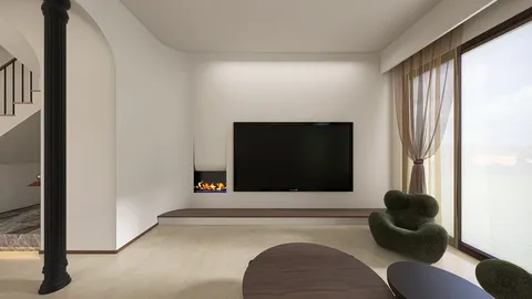 modern living room with minimalistic design featuring a large flat-screen TV, cozy seating arrangement, and ample natural light, showcasing interior decor optimization with Homestyler's real-time 3D rendering feature.