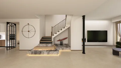 Modern staircase design featuring elegant marble steps and contemporary wall features in an open-concept living space, showcasing Homestyler's real-time 3D rendering for effective interior design visualization.
