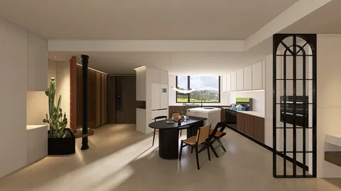 modern living room with open layout featuring a dining table and stylish chairs integrating smart furniture arrangement for optimized space, utilizing Homestyler's real-time 3D rendering feature