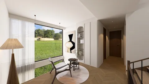 cozy living room corner featuring a stylish armchair and a round coffee table, highlighting modern minimalist design with a touch of warmth, showcasing interior decor ideas using Homestyler's real-time 3D rendering feature.