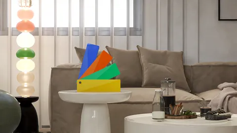 Modern living room with a colorful decor accent featuring a vibrant geometric design, showcasing a stylish coffee table with assorted items, utilizing Homestyler's real-time 3D rendering feature for interior design visualization.