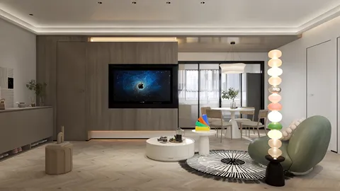 modern living room with smart furniture arrangement providing optimal space utilization featuring Homestyler's real-time 3D rendering functionality