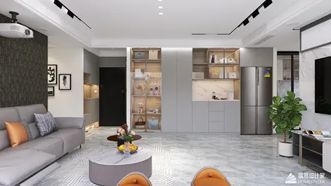 modern living room featuring a cozy sofa arrangement and sleek cabinetry, incorporating smart furniture placement for optimal small space design, enhanced by Homestyler's real-time 3D rendering feature.