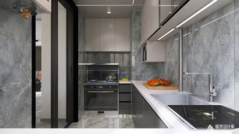 modern kitchen design with sleek cabinetry and marble backsplash creating a luxurious atmosphere while utilizing Homestyler's real-time 3D rendering feature for efficient visual previews