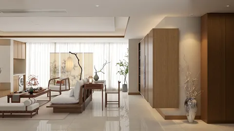 modern living room design with light wood furniture and natural light featuring a serene atmosphere for interior decor optimization using Homestyler's real-time 3D rendering