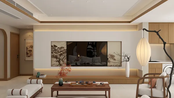 modern living room with a large TV display featuring a serene landscape design, styled in minimalistic elegance for optimal entertainment space using Homestyler's real-time 3D rendering feature.