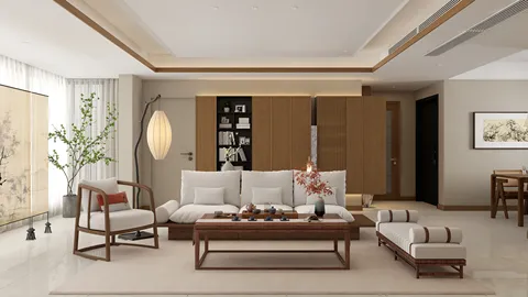 modern living room design with elegant furnishings showcasing cozy arrangement in a minimalist style, featuring Homestyler's real-time 3D rendering for instant visualization