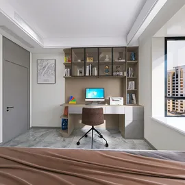 Modern home office setup featuring a desk with a computer and bookshelves, showcasing efficient space utilization and contemporary design aesthetics, created using Homestyler's real-time 3D rendering feature.