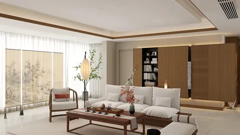 Modern living room interior featuring a cozy layout with natural light, designed with a minimalist style. Showcasing Homestyler's real-time 3D rendering for an efficient design presentation.