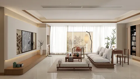contemporary living room showcasing minimalist furniture arrangement with an emphasis on natural light and wood elements for a serene ambiance, featuring Homestyler's real-time 3D rendering for effective interior design visualization.