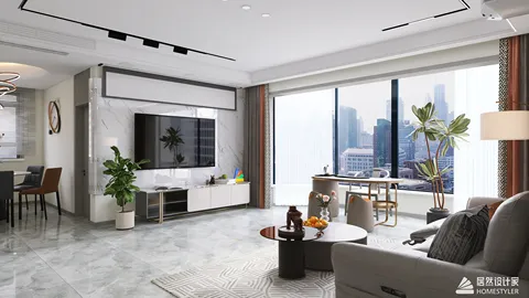 modern living room with large windows showcasing city skyline, featuring a stylish furniture arrangement in a contemporary design, ideal for maximizing space and natural light, using Homestyler's real-time 3D rendering capability.