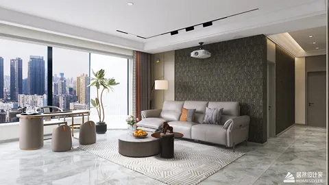 modern living room design featuring a comfortable sofa and elegant decor with city skyline view, utilizing Homestyler's real-time 3D rendering for accurate renovation previews.