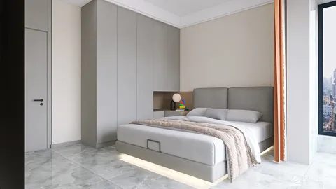 Modern bedroom design featuring a cozy bed with a soft color palette and sleek cabinetry, enhanced by Homestyler's real-time 3D rendering for realistic space visualization.