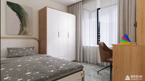 Cozy bedroom interior design showcasing a bed with star-patterned bedding, a stylish wooden desk, and a modern wardrobe, utilizing Homestyler's real-time 3D rendering for efficient visualization.