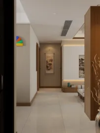 modern hallway design featuring a serene atmosphere with art display and minimalist furniture, highlighting interior decor using Homestyler's real-time 3D rendering feature
