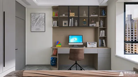 modern workspace design featuring a desk with a computer and shelves displaying books and decor in a contemporary bedroom space, optimized for interior design using Homestyler's real-time 3D rendering functionality.