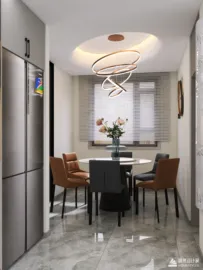 Dining area featuring a modern round table with stylish chairs, optimized layout for small spaces, designed with Homestyler's real-time 3D rendering feature.