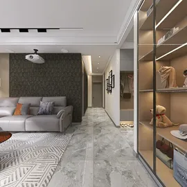 living room with modern furniture arrangement featuring a cozy sofa and decorative shelving, designed in contemporary style, optimized for small spaces using Homestyler's smart furniture layout feature.