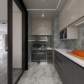 modern kitchen design with realistic 3D rendering featuring marble countertops and sleek cabinetry for efficient space use, showcasing Homestyler's real-time 3D rendering capabilities.