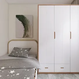 minimalist bedroom featuring a bed with star-patterned bedding and a tall wardrobe, utilizing smart furniture arrangement for small spaces, showcasing Homestyler's real-time 3D rendering capability.