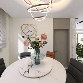 circular dining table with floral arrangement decorated in a modern minimalist style showcasing a contemporary interior design, featuring Homestyler's real-time 3D rendering for accurate space visualization.