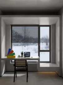 home office workspace featuring a desk setup with a computer and color palette, designed in a minimalist style to enhance productivity with the Homestyler real-time 3D rendering feature.