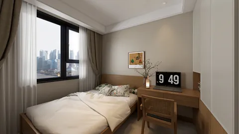 Modern bedroom with cozy bed and wooden desk featuring a stylish clock, designed for optimal space utilization using Homestyler's intelligent furniture arrangement feature.