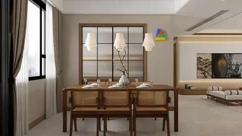 Dining room featuring a wooden dining table and chairs with elegant decor style, showcasing interior design using Homestyler's real-time 3D rendering for a realistic renovation preview.