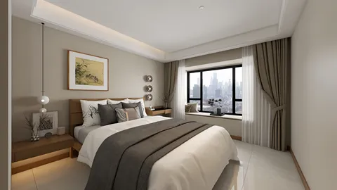 Modern bedroom design featuring a serene color palette with layered bedding, incorporating smart furniture arrangement for optimal small space utilization, showcasing Homestyler's real-time 3D rendering capability.